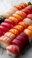 Assorted sushi platter on marble, close-up, restaurant setting, food photography for menus