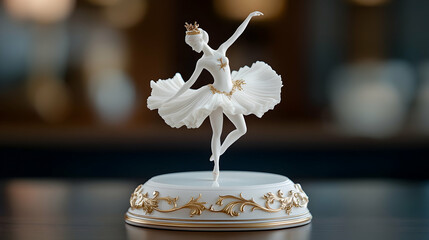 Ballerina figurine, elegant pose, dark background, music box detail, home decor