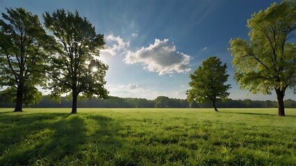 Fototapeta premium Landscape photograph capturing a serene, expansive meadow under a clear blue sky features a wide field of lush, green grass in the foreground, gently swaying in the breeze