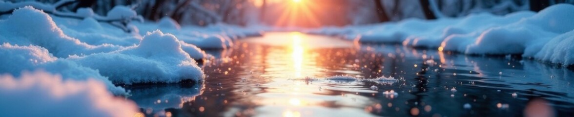 Obraz premium Softly falls snowflakes on frozen river surface, dawn, frost, winter