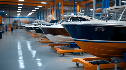 Boat manufacturing factory floor; new motorboats on display;  industrial background; potential use  marketing