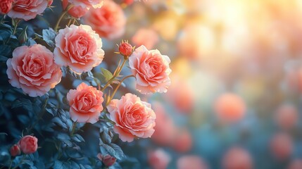 Obraz premium dreamy springtime pink rose flower shrubbery background,soft sunlight peaceful flower field