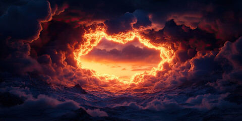 A dramatic sunset peeks through dark, swirling clouds, creating a vibrant orange glow in a mystical atmosphere.
