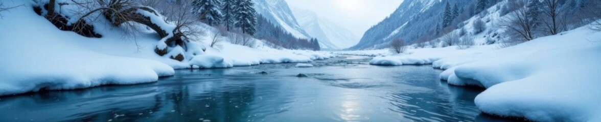 Softly falls snowflakes on frozen river surface, mountain, snow