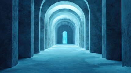 Fototapeta premium A serene, mystical corridor with arched stone structures and soft blue lighting, leading to a glowing exit.