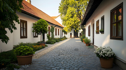 Fototapeta premium Cobblestone courtyard path, white houses, garden, summer. Peaceful residential scene, ideal for travel brochures