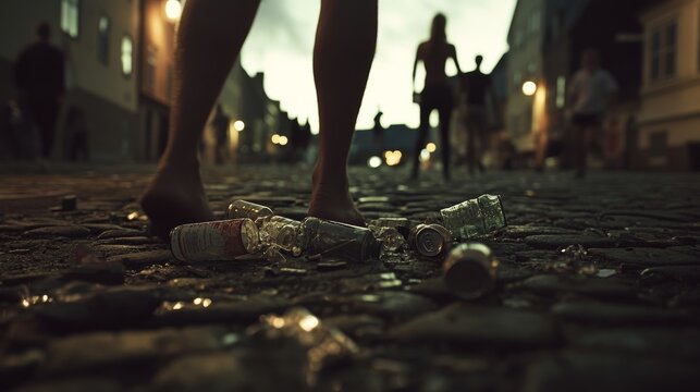 1980s harbor street in S&Atilde;&cedil;nderborg, Denmark, cinematic style, dark summer evening. Ground-level perspective focusing on broken glass bottles and crumpled cans scattered across the cobblestone street. 