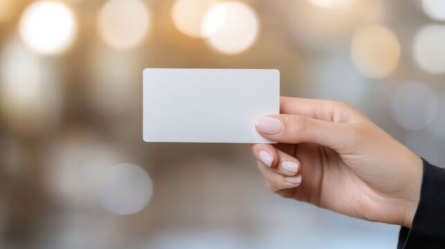 Hand holding blank card with blurred background creates sense of anticipation and possibility