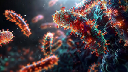 Fototapeta premium E. coli microbes vibrant colors, showcasing intricate details and textures. This microscopic view highlights their unique structures and