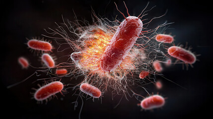 Obraz premium E. coli microbes in dynamic environment, showcasing their intricate structure and movement. vibrant colors highlight their biological activity