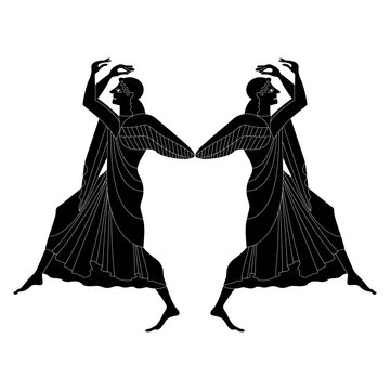 Symmetrical design with two dancing winged Ancient Greek goddesses. Black and white silhouette.