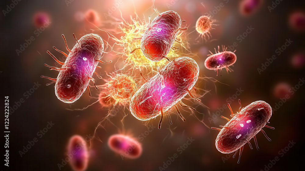 Poster colorful e. coli microbes in dynamic environment, showcasing their unique structures and interaction