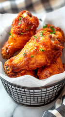 Crispy fried chicken drumsticks in a basket, garnished with parsley; marble background, food photography for recipe websites