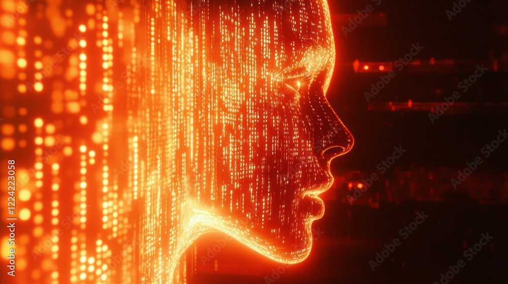 Poster futuristic digital face in profile with glowing orange lights and binary code elements