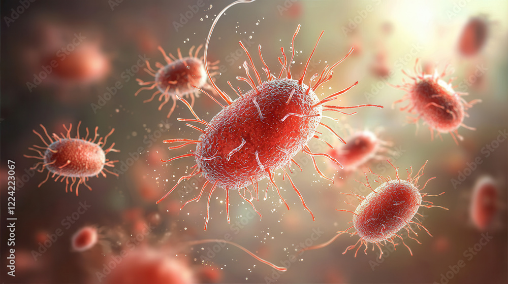 Poster e. coli microbes in vibrant, dynamic environment showcasing their unique structure and movement