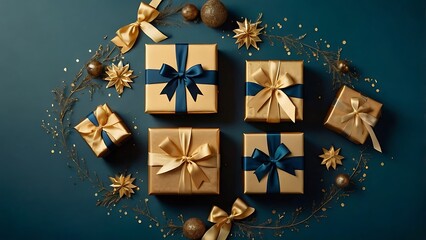 Naklejka premium festive illustration featuring a collection of neatly arranged gift boxes on a dark teal background wrapped in elegant, deep blue paper and adorned with shiny, gold ribbons tied into bows