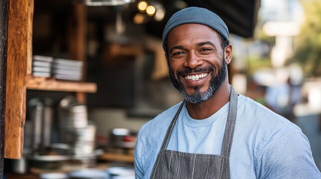 smiling young African man waiter wearing apron at coffee shop