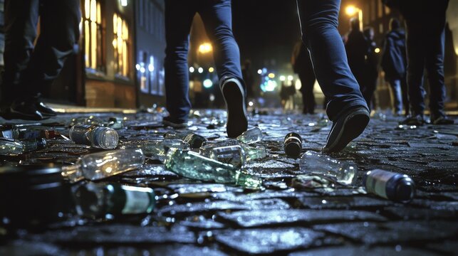 1980s harbor street in S&Atilde;&cedil;nderborg, Denmark, cinematic style, dark summer evening. Ground-level perspective focusing on broken glass bottles and crumpled cans scattered across the cobblestone street. 
