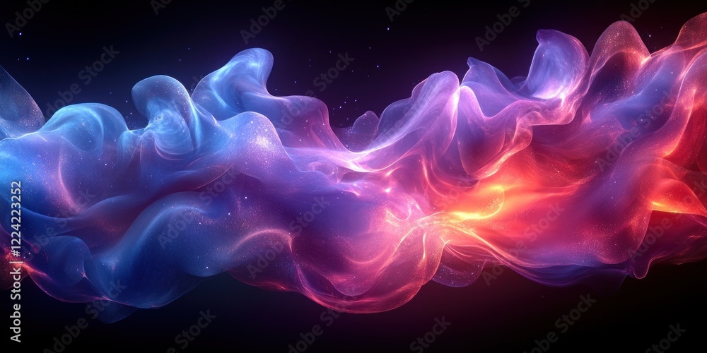 Poster futuristic abstract composition of floating translucent shapes with neon lights on black background