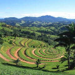 Lush Green Hills Terraced Farmland Scenic Landscape View