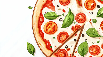 Delicious Margherita Pizza with Basil, Tomatoes, and Olives. A slice is removed, ideal for food blogs or restaurant menus