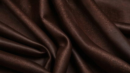 Black dark chocolate brown background made of silk satin fabric. Drapery fold crease