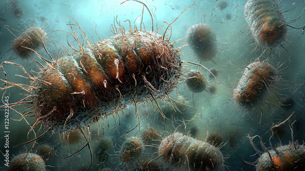 Poster microscopic view of e. coli microbes in fluid environment, showcasing their unique structures and mo