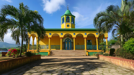Colorful Tropical Church Surrounded by Palm Trees Under a Bright Blue Sky : Generative AI
