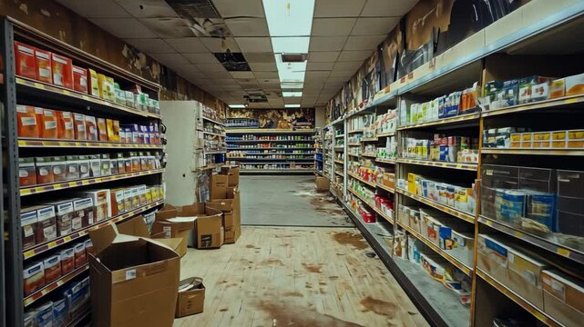 Abandoned Grocery Store Interior Empty Shelves Damaged Floor Retail Decay Spoiled Goods