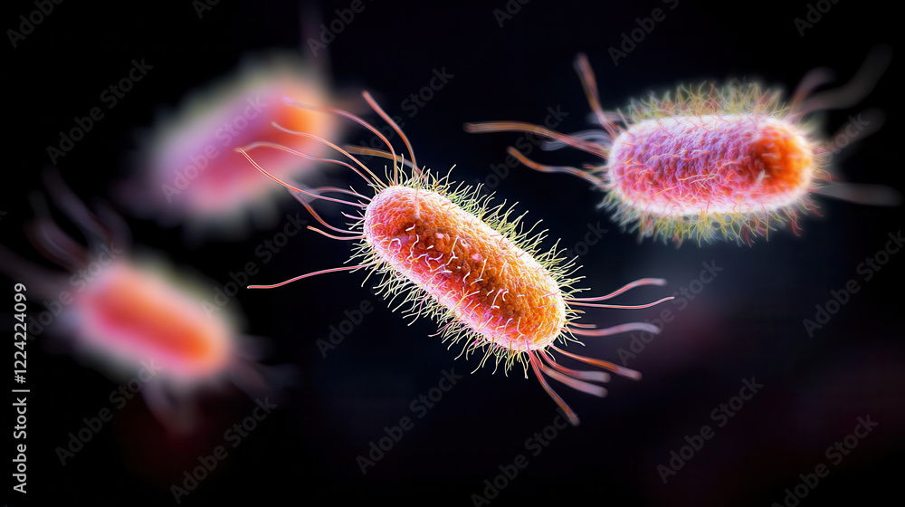 Poster e. coli microbes with vibrant colors and intricate details, showcasing their unique structure and mo