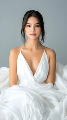 Obraz premium Elegant bride in white dress, studio portrait, calm background, wedding fashion