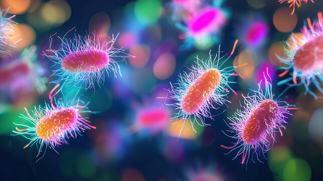 Vibrant E. coli microbes with colorful backgrounds, showcasing their unique shapes and structures