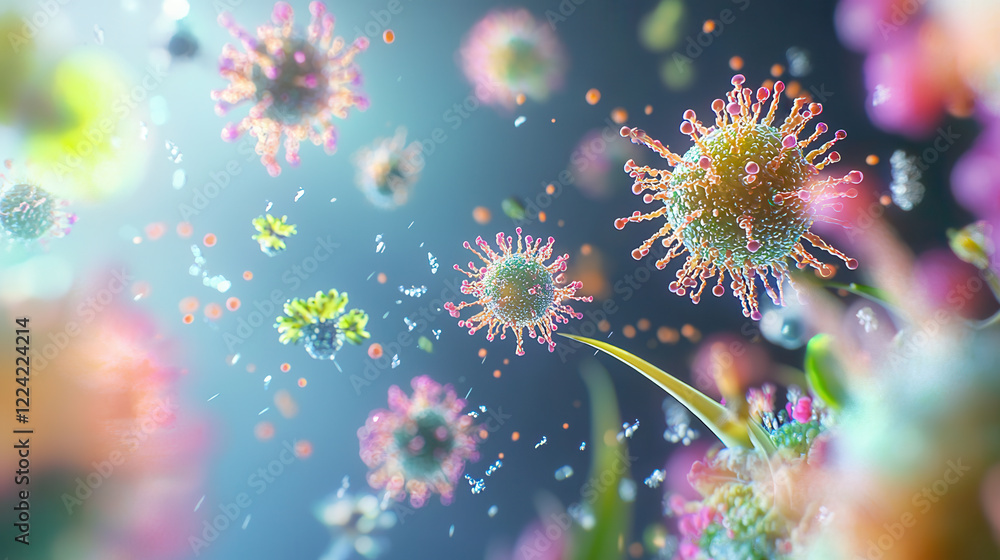 Poster vibrant e. coli microbes in colorful, dynamic environment, showcasing their intricate structures and