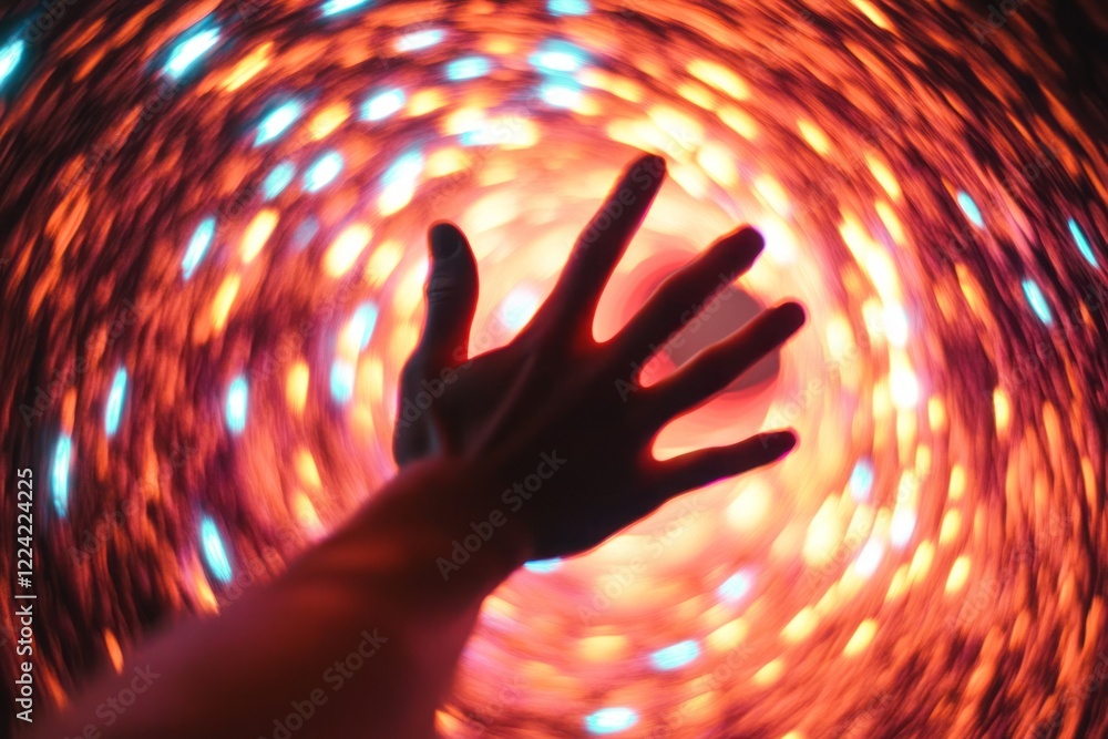 Poster hand reaching towards vivid spiral of colorful lights in a dynamic abstract background
