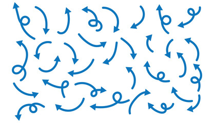 Arrows hand drawn doodle icons set. Curved cartoon arrows sketches collection. Flat and thin pointers illustrations. Scribble swirl arrow signs.