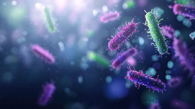Colorful E. coli microbes floating in vibrant, abstract background, showcasing their unique shapes and structures