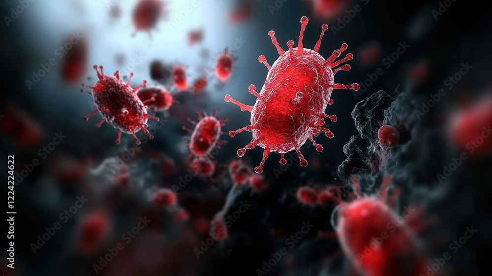 Poster red e. coli microbes floating in dark environment, showcasing their intricate structure and vibrant 