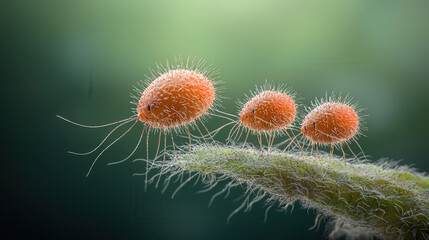 Obraz premium Microbial life forms, resembling E. coli, display vibrant orange colors on green background, showcasing their unique structure and texture