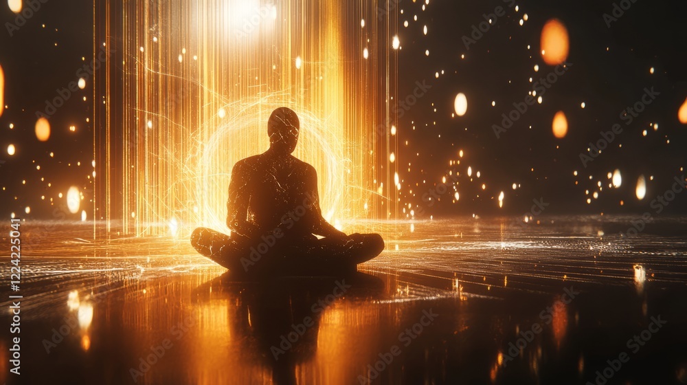 Poster meditative silhouette in a futuristic digital space with glowing lights and abstract energy patterns
