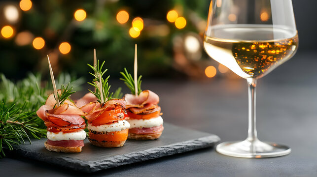 Festive prosciutto, tomato, and cheese appetizers with white wine, Christmas lights background; ideal for holiday recipes