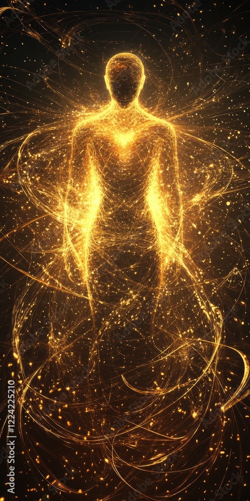Poster .ethereal golden figure surrounded by glowing particles in a cosmic abstract setting..