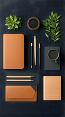 Flatlay office stationery, coffee, plants; dark background; productivity concept