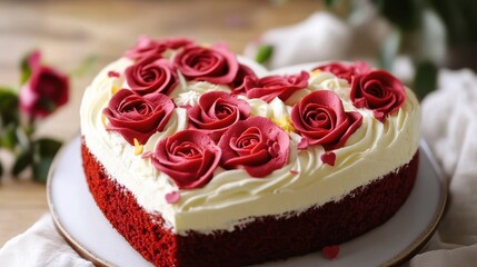 Heart-Shaped Red Velvet Cake with Floral Topping