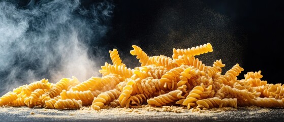 A close-up of steaming fusilli pasta dusted with flour on a dark background.