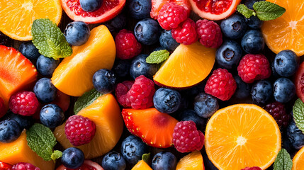 Obraz premium Fresh summer fruit salad, vibrant mix of berries and citrus, overhead shot, healthy eating concept
