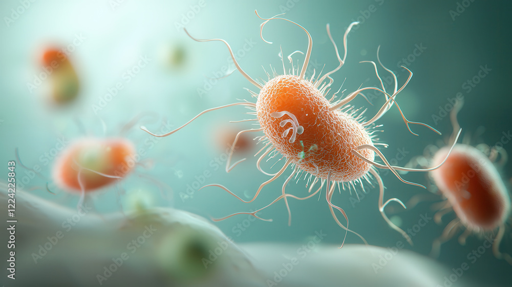 Poster e. coli microbes with light background, showcasing their unique structure and movement. this capture