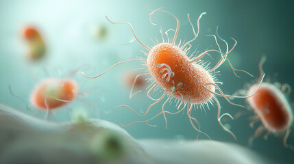 Obraz premium E. coli microbes with light background, showcasing their unique structure and movement. This captures intricate details of these bacteria
