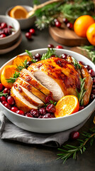 Glazed turkey breast with cranberries and oranges, Thanksgiving dinner, festive table setting, food photography for recipe blogs