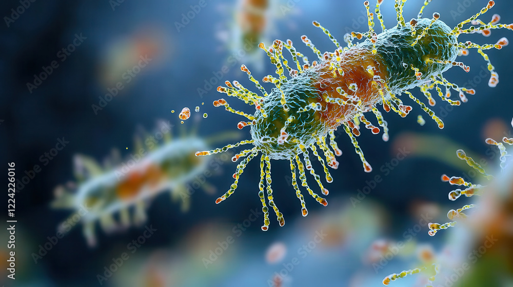 Poster microscopic view of e. coli microbes with vibrant colors and details, showcasing their unique struct