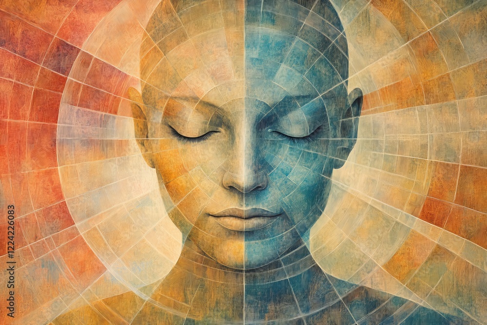 Aufkleber Abstract Portrait of a Meditative Face with Symmetrical Geometric Patterns in Warm and Cool Tones